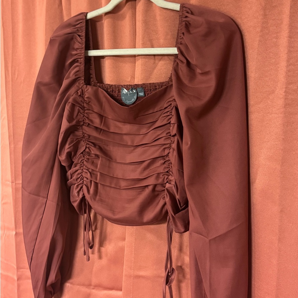 ARULA Rust Ruched Square-Neck Long Sleeve Top